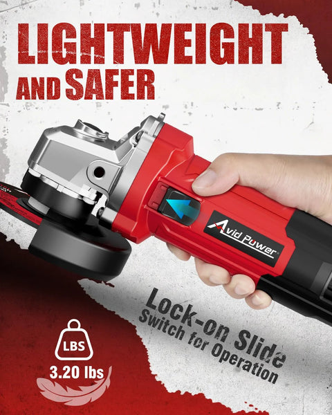 Avid Power red 4-1/2 inch angle grinder held in a hand, side view with black handle and grinding wheel