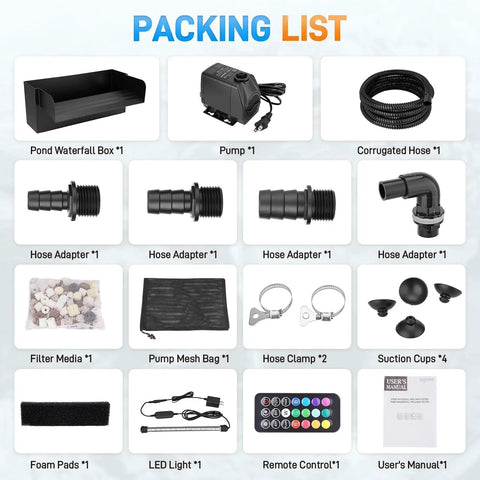 All In One Pond Waterfall Kit With LED Light And 12 Inch Stainless Spillway 880 GPH 45W Pump Filter Media Bag contents