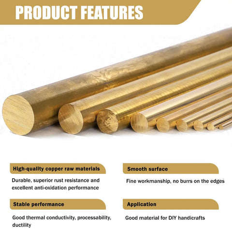 Five Eighth Inch Brass Rods, Twelve Inch Long Solid Brass Round Bar Stock For Knife Handles And DIY Hardware Craft Making, Handy Brass Pins And Rods For Knife Making And Craft Projects, shown in varied sizes