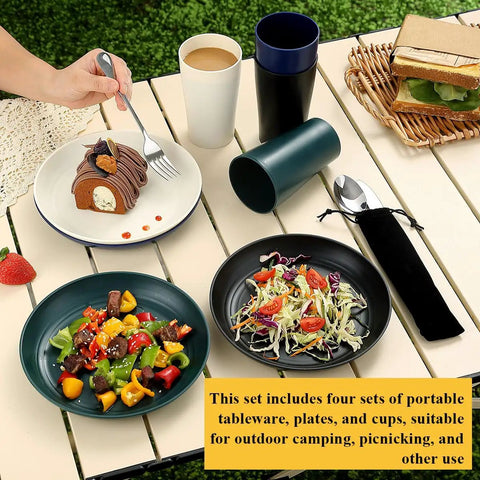 Ultimate Must Have Camping Utensil Set For Outdoors RV Campers Includes plates and cups on picnic table with salad and cake
