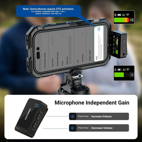 AI Wireless Lavalier Microphone For iPhone Android Camera And PC with Dual DSP on smartphone mount showing gain controls