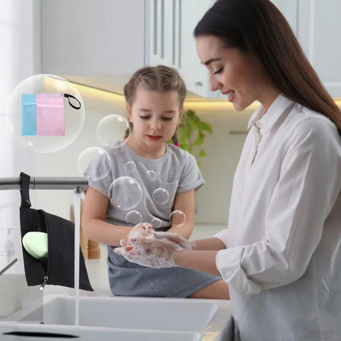 2 Pcs Travel Soap Bags Set With 2 Leakproof Waterproof Cases And 2 Foaming Nets in kitchen, soap bag with soap bar on sink