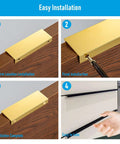 Installation steps of 10 Pack Edge Finger Pulls For Cabinets, 4.72 Inch Length, 96 Mm Hole Center in gold finish on wooden cabinet.