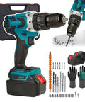 Heavy Duty Cordless Drill Electric Screwdriver Kit Packing 320 Nm Torque 2400 Rpm Dual Speed with gloves, bits and storage case.