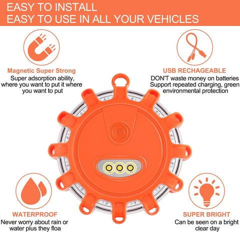 Front view of USB C Rechargeable LED Road Flares Kit With Magnetic Base, Emergency Roadside Warning Lights, waterproof orange disc