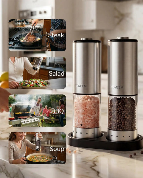 Rechargeable Electric Salt And Pepper Grinder Set With LED Display 115ml Large Capacity Stainless Steel Mills on counter