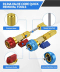 R134A Valve Core Removal And Installation Tool Kit with Quick Connectors, red and blue, brass and aluminum parts detailed view