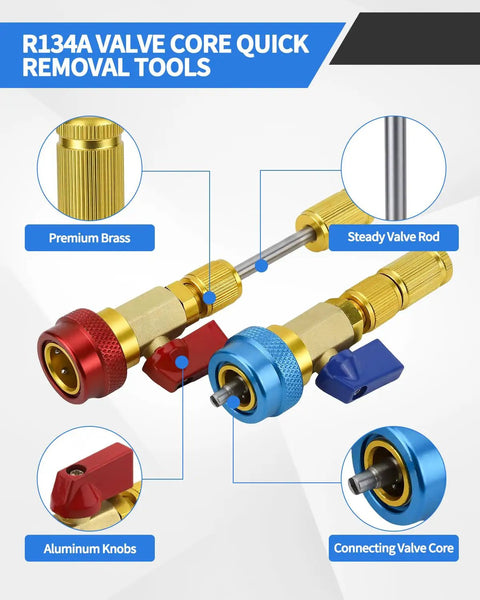 R134A Valve Core Removal And Installation Tool Kit with Quick Connectors, red and blue, brass and aluminum parts detailed view