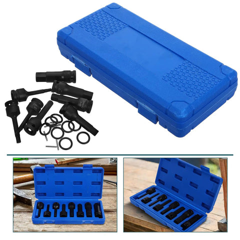 Heavy Duty 1/2 Inch Pneumatic Impact Socket Set With Hex Drive And Deep Thin Wall Design Plus Allen Bits For Fast Automotive Repair Work That Actually Gets The Job Done Right. blue case with black impact sockets and O-rings