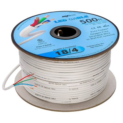 500 Ft 18 Gauge Low Voltage LED Cable 4 Conductor In-Wall White Jacket Pure Copper Speaker Wire UL Class 2 Oxygen Free