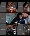 Collage showing various uses of the 800 Lumen Rechargeable Neck Light With Magnetic Base Detachable Dual Head Hands Free Work Lamp.