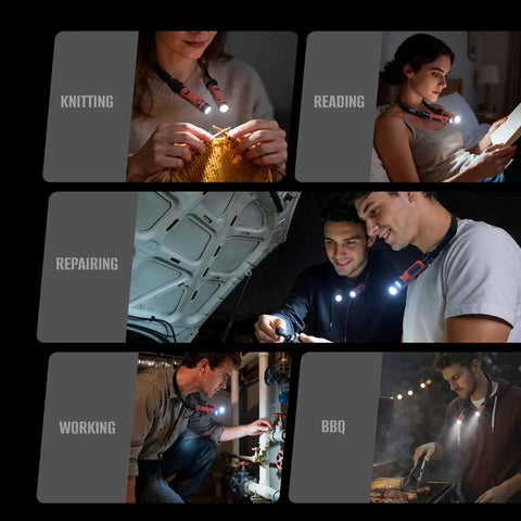 Collage showing various uses of the 800 Lumen Rechargeable Neck Light With Magnetic Base Detachable Dual Head Hands Free Work Lamp.