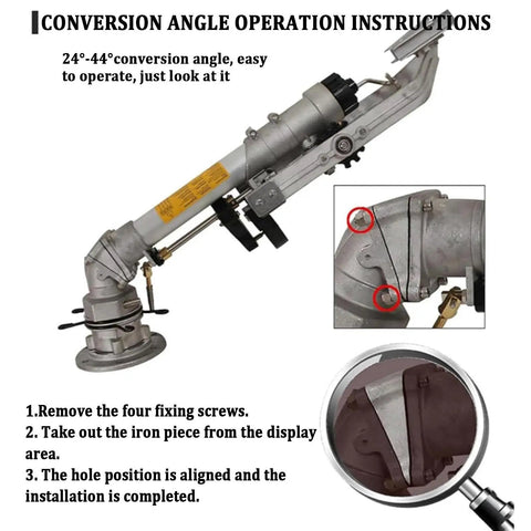 Close-up of 360 Degree Rotating Sprayer With Zinc Alloy Build Adjustable Nozzle showing angle conversion details.