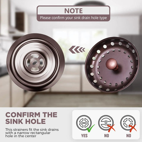 Three Piece Kitchen Sink Drain Strainer And Stopper Set Stainless Steel Garbage Disposal Plug With Handle Universal Fit Anti Clogging Filter Sieve Basket For Most 3 Point 5 Inch Drains Oil Rubbed Bronze shown with compatibility guide