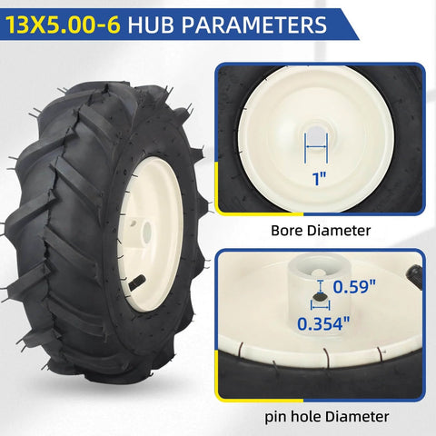 Front view of Replacement Tiller Tire And Wheel Set For 13x5-6 Size With 1 Inch Axle and 3 1/8 Inch Centered Hub