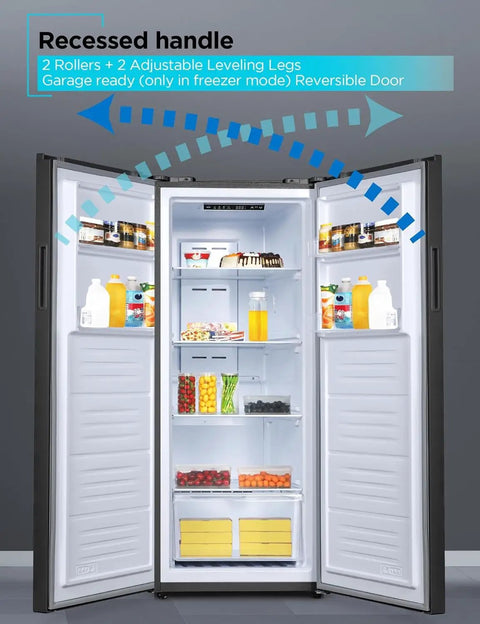 Inside view of the Straight Up Game Changing 11 Cu Ft Convertible Freezer And Refrigerator With Reliable Frost Free Cooling and Heavy Duty Glass Shelves.