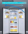 Hella Spacious 11 Cubic Foot Upright Fridge With Durable Glass Shelves And Reversible Door Convertible Freezer Refrigerator For Garage Storage Frost Free Black Unit showing interior with organized shelves and fridge items.