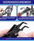 Step-by-step guide showing how to change the jaw of a 4 in 1 snap ring pliers for 870 Pieces Alloy Steel External C Clip And E Clip Retaining Ring Kit.