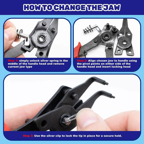 Step-by-step guide showing how to change the jaw of a 4 in 1 snap ring pliers for 870 Pieces Alloy Steel External C Clip And E Clip Retaining Ring Kit.