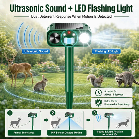Solar Ultrasonic Deer Repellent With Motion Sensor and Flash Light for Outdoor Garden Yard Protects Flowers Vegetables and Plants From Deer Cats and Rabbits, green stake