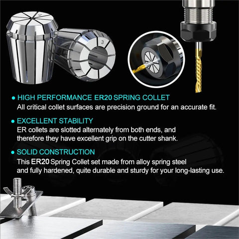 Super Cool 1 To 13 mm ER20 Collet Chuck Set For CNC Engraving Machining showing precision-ground spring collets.