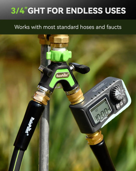 All Metal Garden Hose Splitter 2 Way Y Valve With Extra Long 2.05 Inch Handle Built Tough Heavy Duty Shut Off Valves connected to hoses and timer