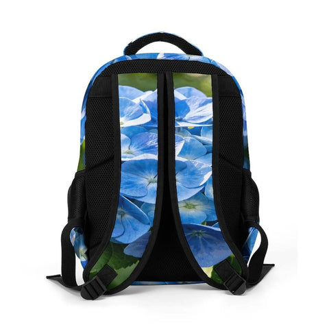 Back view of Hydrangea Bloom Printed Backpack For Men And Women Large Capacity Durable Polyester School Travel Bag with straps visible