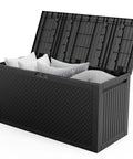 Bulletproof 90 Gallon Outdoor Garden Storage Deck Box That Doubles As Seat To Store Tools Cushions And Toys With Sturdy Lockable Lid For Patio with cushions inside.