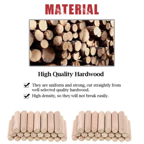 High density hardwood dowel pins stacked, showcasing Premium Wood Dowel Pins Set 400 Pieces 6mm 8mm 10mm L Fluted Beveled Ends Tapered.