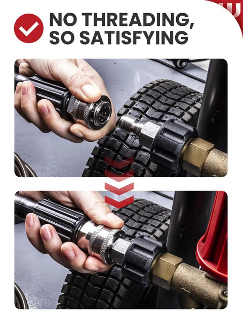 Pressure Washer Quick Connect Kit Universal M22 14mm To 3/8 Inch Fittings in use, shown with no-threading connection on hose.