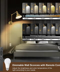 Brushed Brass Plug In Wall Sconce With Remote, Dimmable LED, adjustable color temperature 2700K to 6500K in bedroom setting