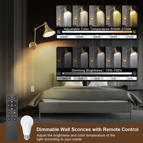 Brushed Brass Plug In Wall Sconce With Remote, Dimmable LED, adjustable color temperature 2700K to 6500K in bedroom setting