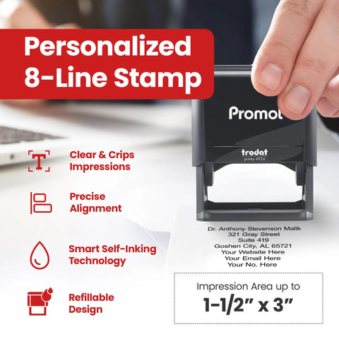 Close-up of a self-inking stamp in use, detailing personalized 8-line text and features like crisp impressions and refillable design.