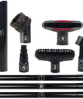 Universal Vacuum Attachments Set 1.25 Inch with Hardwood Floor Brush, showing nine-piece kit including nozzles and extension wands.