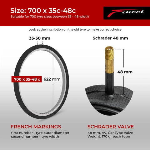 Two Pack Inner Tubes For 35C 40C And 48C Tires With 48Mm Presta Valve On 622 Wheels Built Tough Butyl Tubes size illustration