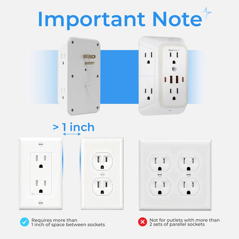 Image showing installation details for No Cap Wall Mount Power Strip With 6 Widely Spaced Outlets And 4 Rapid Charge USB Ports.