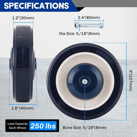 Specifications of 8 Pack 5 Inch Shopping Cart Replacement Wheels Kit with heavy duty polyurethane wheels and axle dimensions.