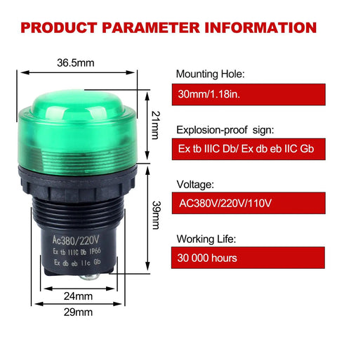 Two Pack 30mm Anti-Vandal and Anti-Corrosion Power Indicator Light for Panels, 110V-380V AC, technical specifications.