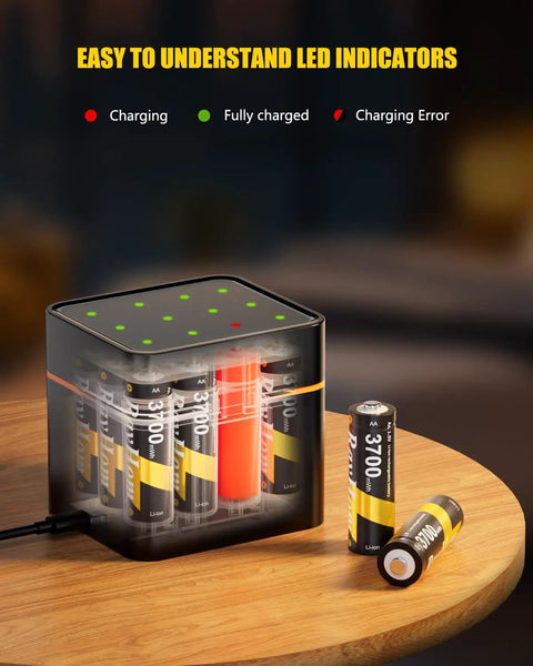 12 Pack Heavy Duty Rechargeable AA Lithium Batteries With Rapid Charger Delivers Beast Mode Power to your Blink Cameras video doorbells and Xbox, with LED indicators.
