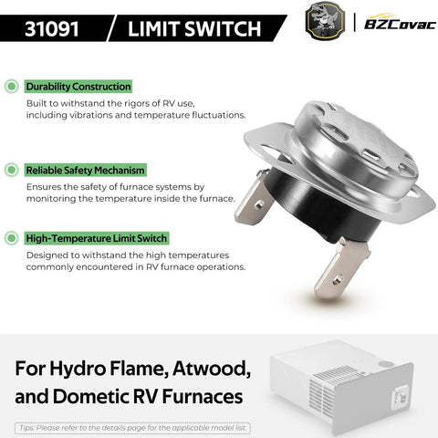 High Temperature RV Furnace Limit Switch With 190 Fahrenheit Safety Cutoff For Atwood Hydro Flame And Dometic Heaters