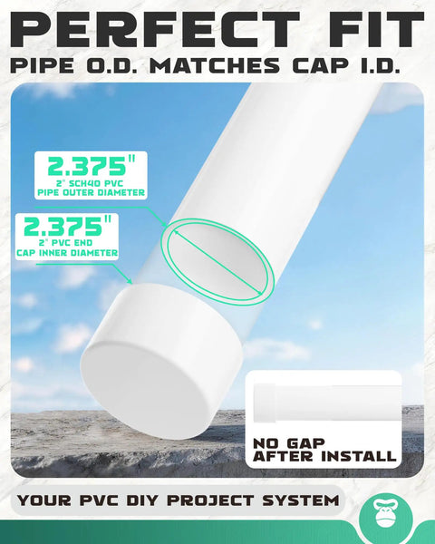 Illustration showing 2.375-inch diameter fit of Durable 2 Inch PVC Pipe 2 Pack 17 Inch Length Schedule 40 For DIY Projects.