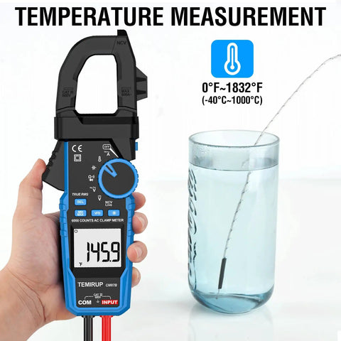 All In One Handy Clamp Meter Multimeter With Auto Ranging 6000 Counts True RMS measuring water temperature, digital display 145.9