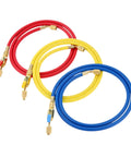 Set of three refrigerant A/C charging hoses with ball valves in red, yellow, and blue, 60-inch length, 1/4" SAE fittings.