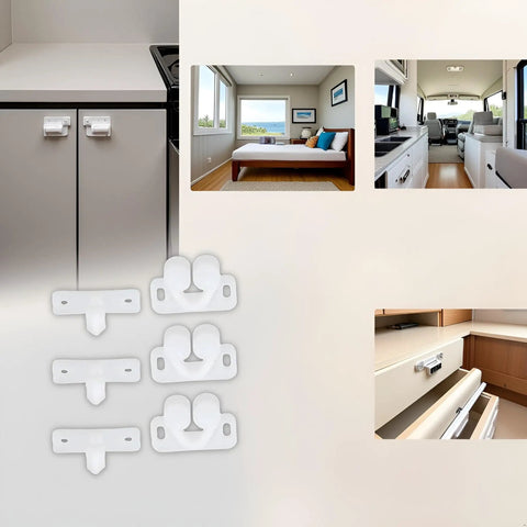 White Plastic Ball Catch Set For Cabinets And Doors On Boats And RVs, 3 Pack Spring Back Roller Latch Catches displayed with doors