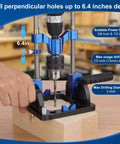 All Metal Adjustable Drill Guide With Multi Angle Capability From Zero To Sixty Degrees For Straight Holes, Drill Press Adapter For Hand Drills, Includes One Half Inch Chuck, Key, Guide Rod, Precision Drilling Jig In Durable Blue in use on wood