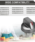 Upgraded DG64-00473B Black Stove Knob Replacement Set displayed with compatibility list for Samsung NX58 models.