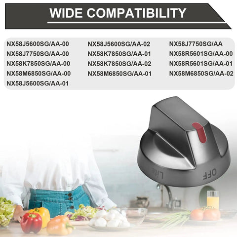Upgraded DG64-00473B Black Stove Knob Replacement Set displayed with compatibility list for Samsung NX58 models.