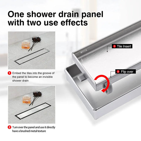 Linear Shower Drain 12 Inch Tile Insert With 2 In 1 Panels 304 Stainless Steel Brushed Finish showing tile and brushed effects