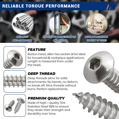Badass 100 Piece M3 X 16mm Hex Button Head Self Tapping Sheet Metal Screws Forged From Tough 304 Stainless Steel With H2 Hex Wrench, showing screw details and features.