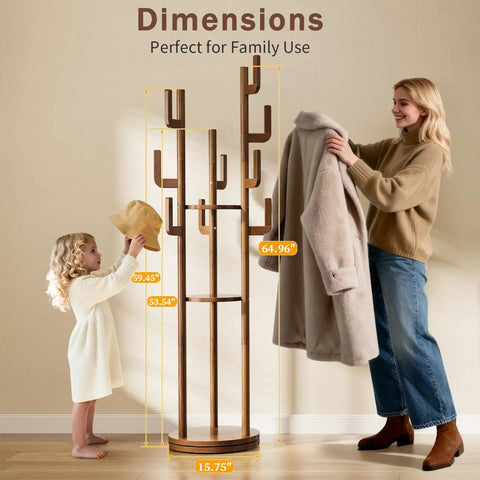 Rotating Coat Rack Freestanding Solid Wood Tree With 9 Hooks And 3 Shelves, child hanging hat and woman holding coat